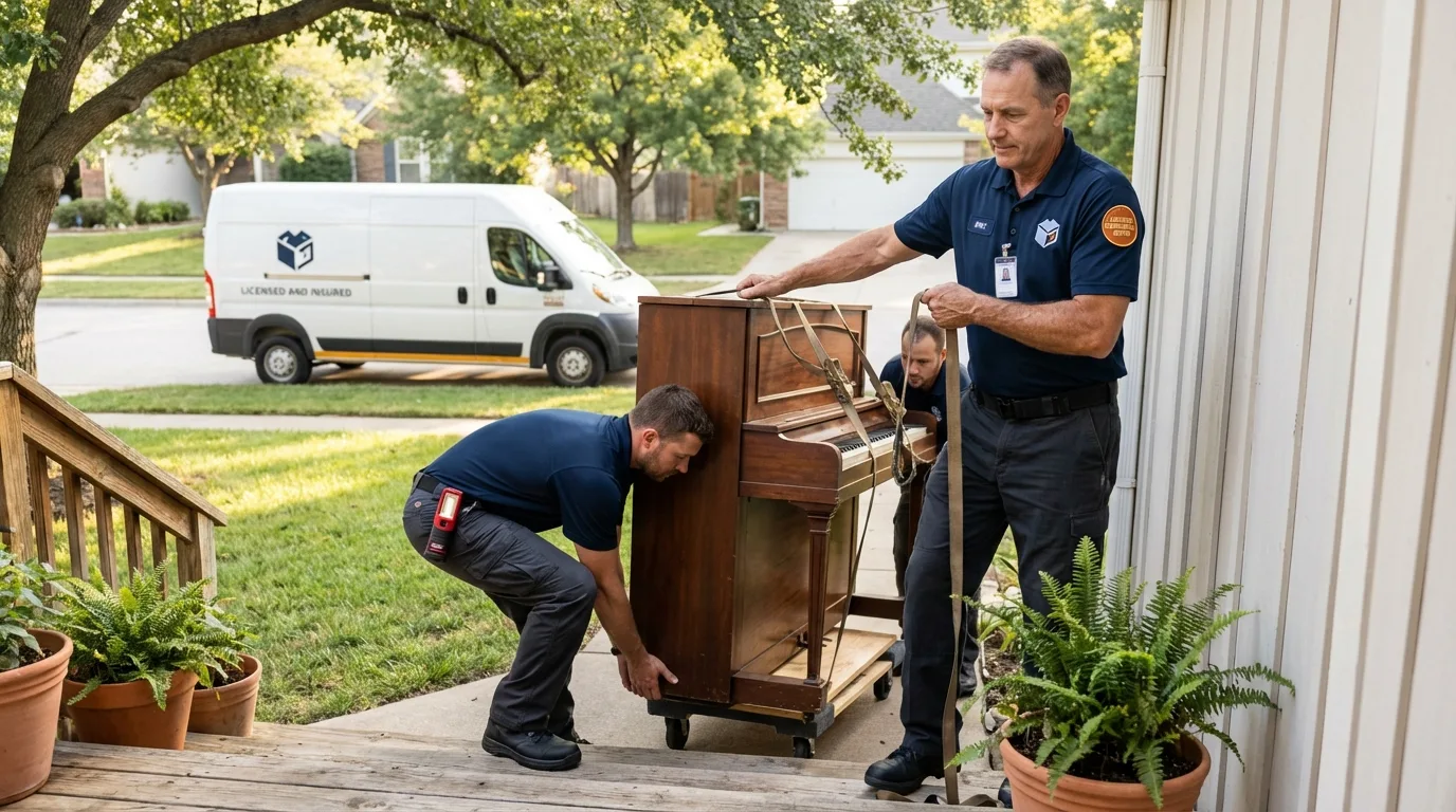 Licensed piano movers securing grand piano in Shallotte, NC