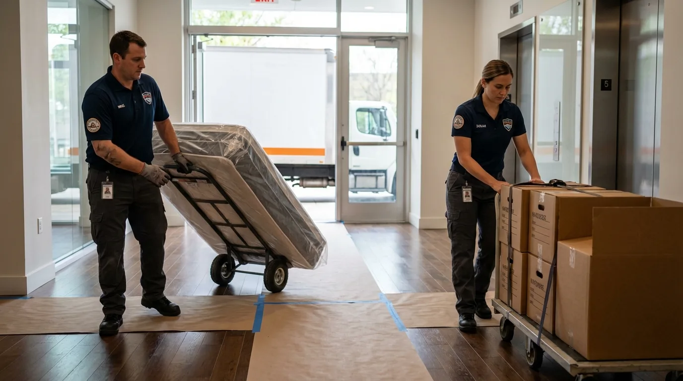 Professional apartment movers loading elevator in Shallotte, NC